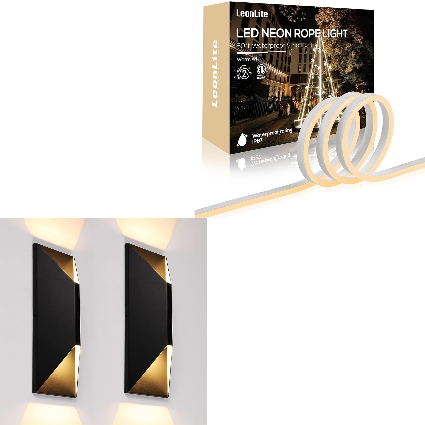 LEONLITE Dimmable LED Up Down Wall Light Bundle 50FT LED Neon Rope Lights, 2 Pack 100-277V 14 Inch Modern Porch Light & 1-Pack IP67, 3000K Warm White Festival Decoration LED Neon Strip Lights