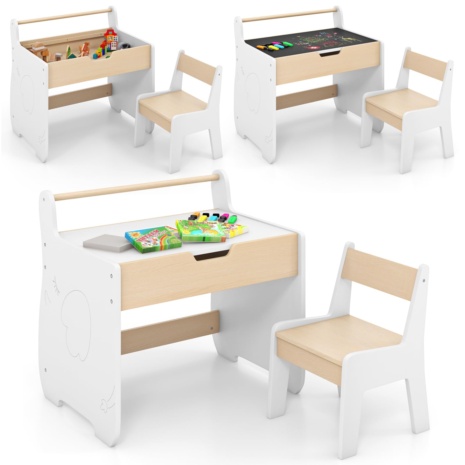 RELAX4LIFE Juego de mesa y silla 2 en 1 para niños, escritorio de madera con tablero extraíble de doble cara, amplio espacio de almacenamiento, diseño multifuncional para habitación de los niños