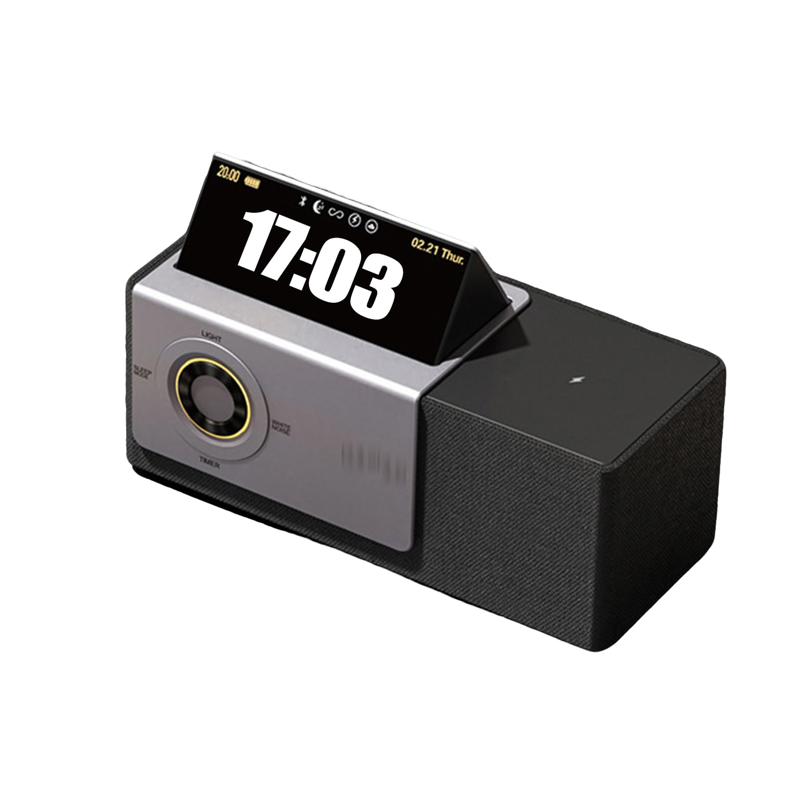Altoparlante Bluetooth con display con testo fluttuante, generatore di rumore bianco, ricarica wireless, orologio da tavolo, proiettore tramonto e schermo flip per decorazioni domestiche e regali