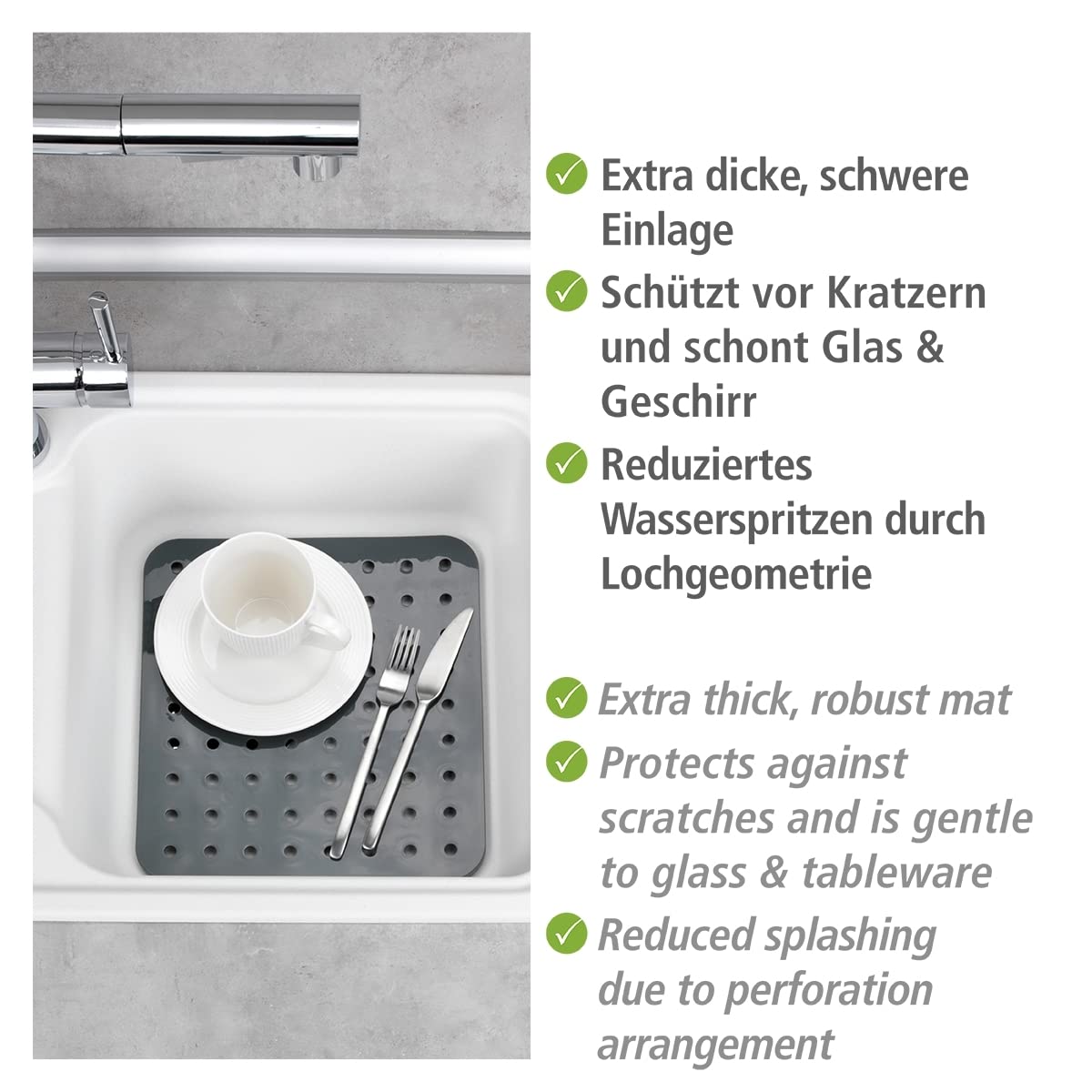 WENKO Lavabo Matı Kare Cam Gri Lavabo Matı, Ekstra Güçlü Gri