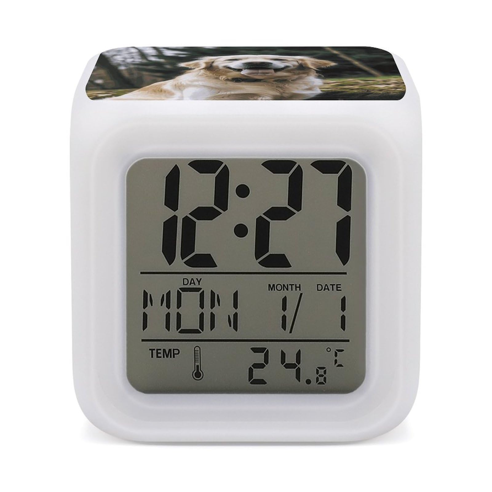 FekiLoot Funny Golden Retriever Alarm Clock for Heavy Sleepers Wake Up Digital Clock with 7 Color Changing Night Light Super Loud Digital Alarm Clocks Small Machine Alarm Clocks