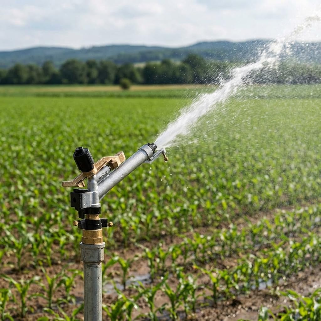Suinga Cannone d'irrigazione da 16 a 29 metri, Ambo 1 1/2 pollici. Angolo di irrigazione regolabile. Pressione di lavoro da 1,5 a 5 bar. Connessione femmina da 1 1/2 pollici. Realizzato in metallo.