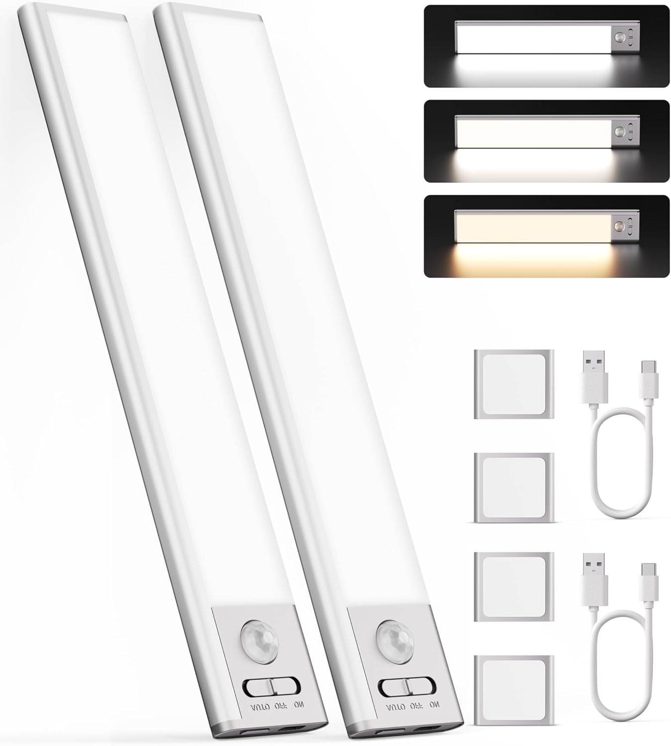 Joyzy 2 Pack Motion Sensor Closet Lights, 66 LED Rechargeable Under Cabinet Lighting Automatic 3 Color Temps & Dimmable Under Counter Light Wireless Magnetic Motion Activated Light (9.2”, 110 Lumen)