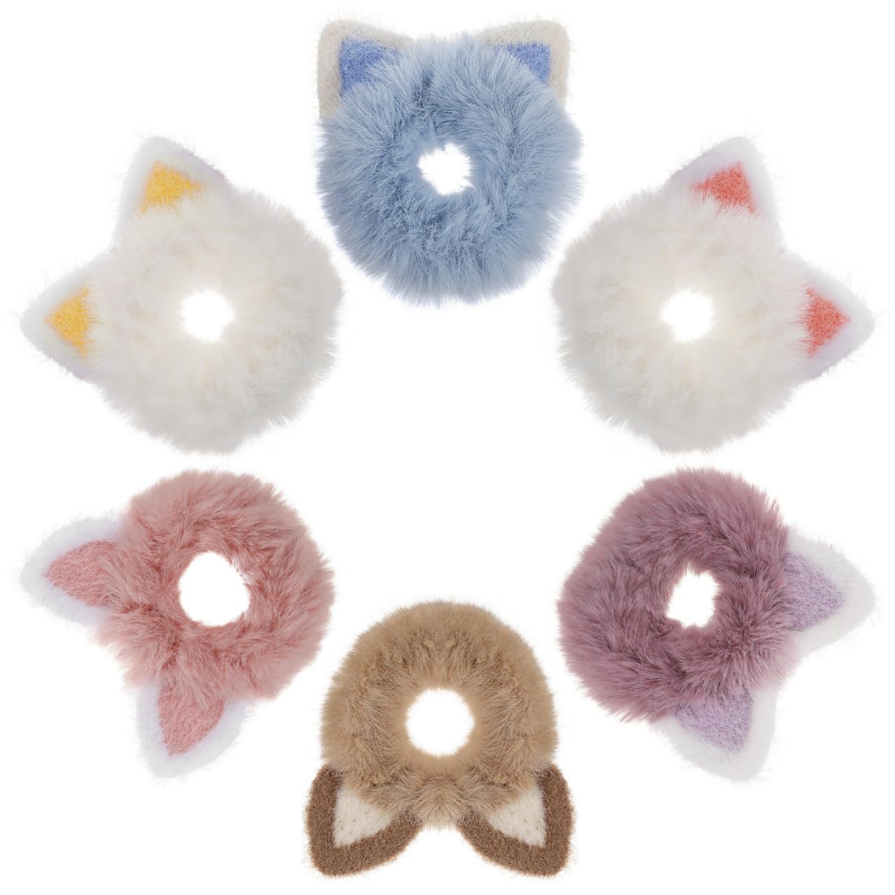 WRITWAA Cat Ear Hair Scrunchies Fluffy Elastic Hair Ties 6-Pack Ponytail Holders Soft Bands for Women Girls Daily Wear Parties Sports