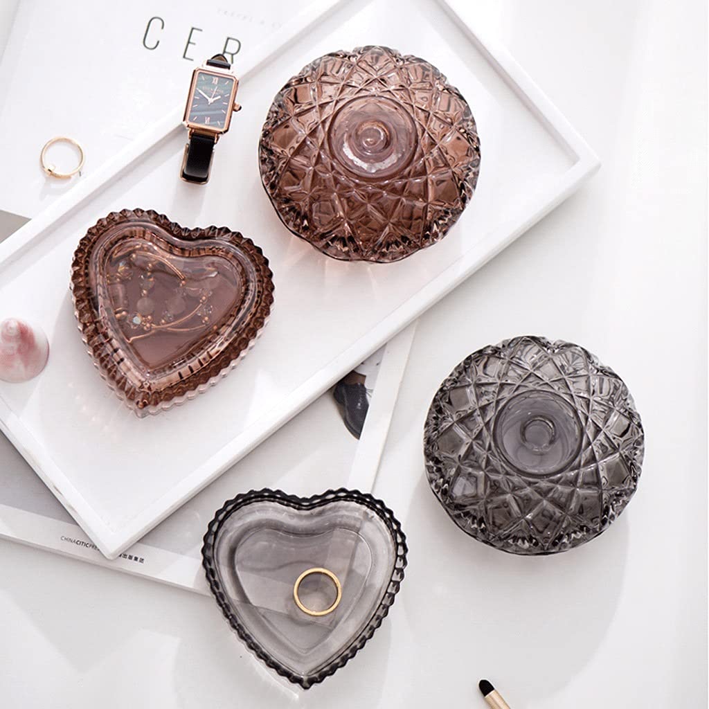 NZPOST Joyero de Cristal Retro, Organizador de Joyas con Forma de corazón y Redonda, Bandeja para Joyas Gris y ámbar C