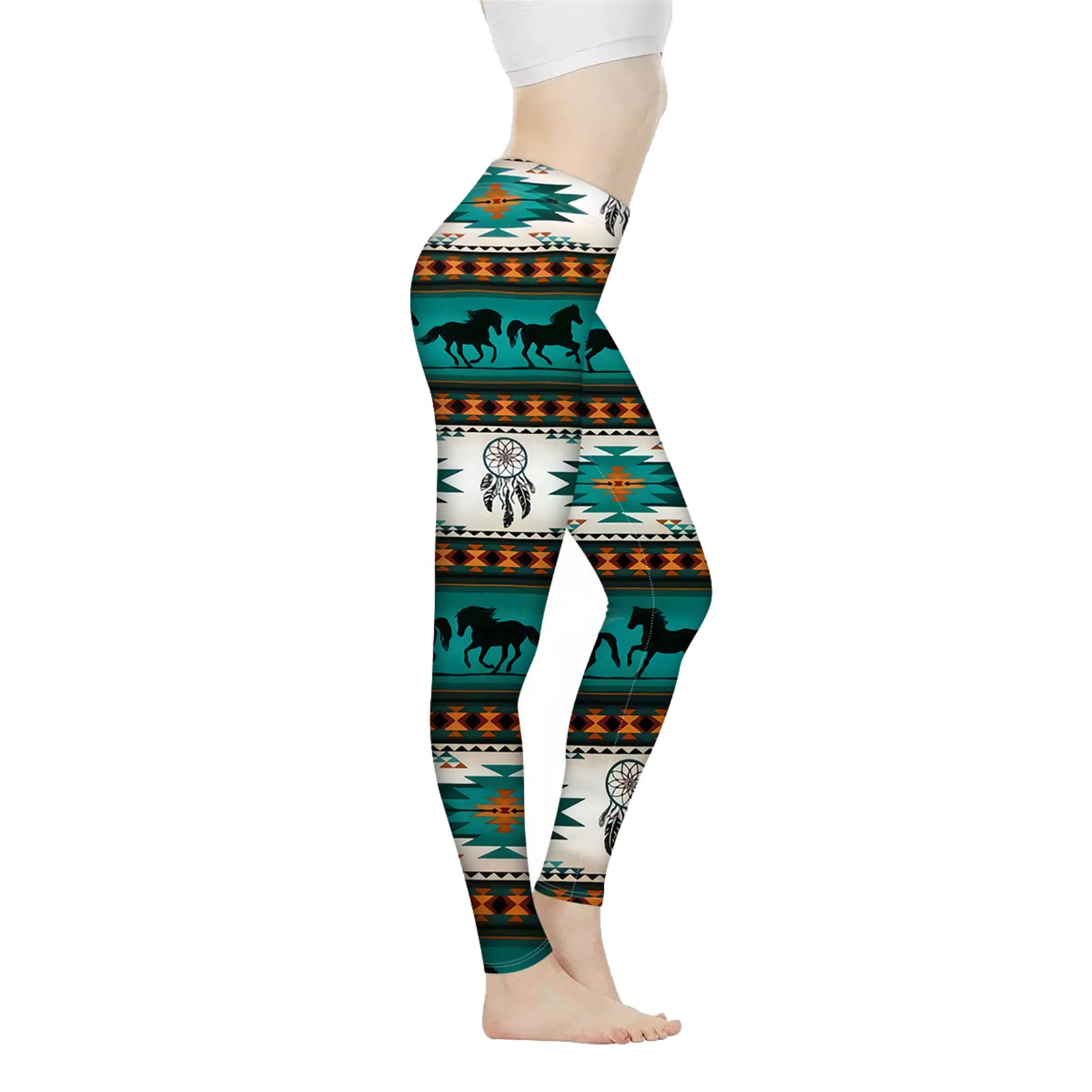 Biyejit Damskie legginsy z wysokim stanem kontrola brzucha spodnie do jogi trening legginsy do biegania XS-3XL, Aztecki Tribal Horse, XS