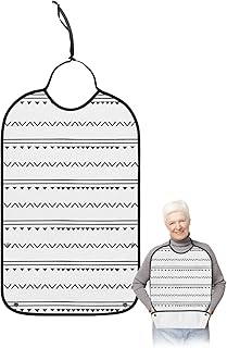 Kewadony Adult Bibs for Elderly Women - Black and White Boho Waterproof Dining Clothing Protectors with Crumb Catcher for Eating/Feeding, Geo Triangle Line Terry Cloth Bib Machine Washable