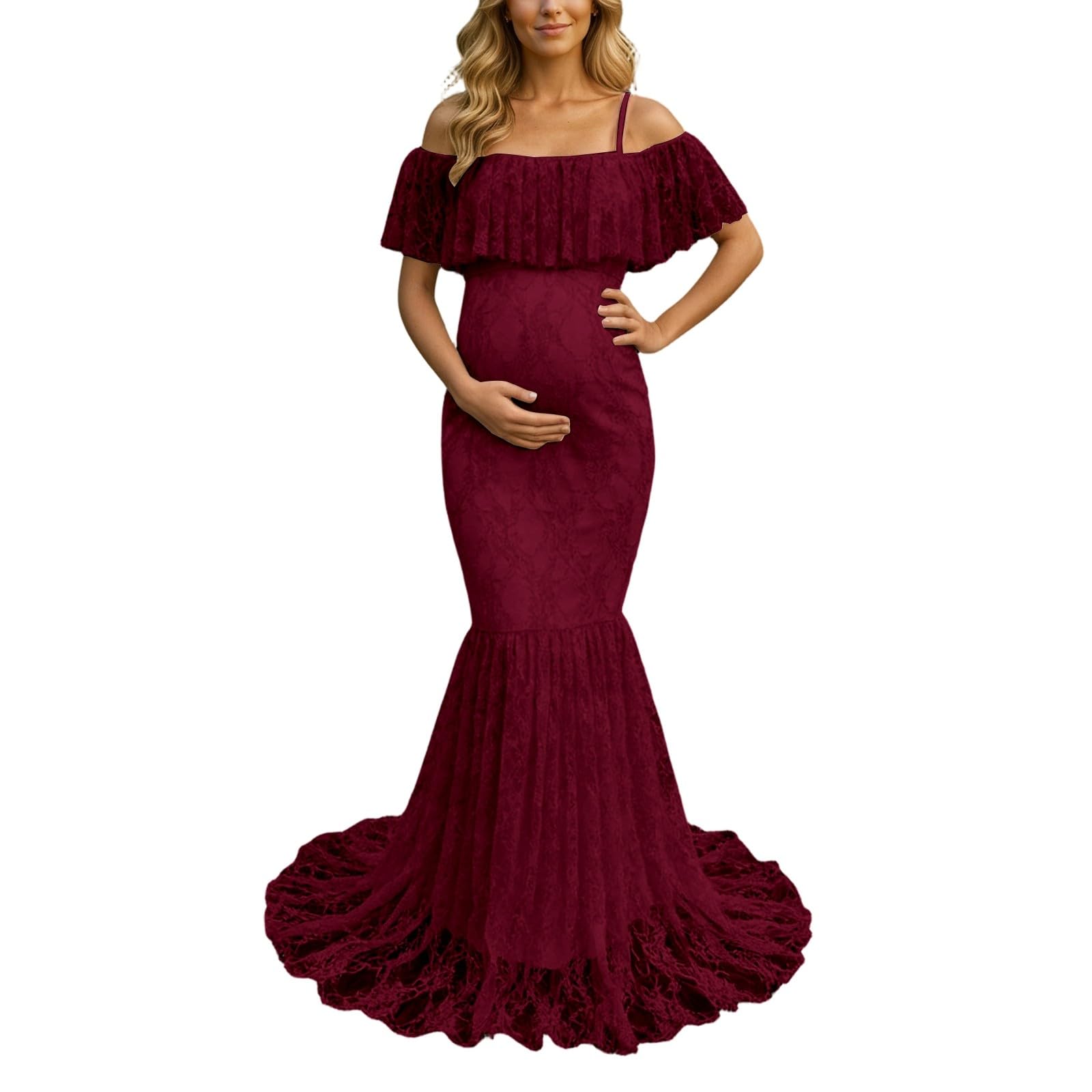Elegante abito premaman per servizi fotografici con delicata decorazione in pizzo e maniche fluide, morbido materiale elasticizzato per la crescita della pancia, adatto per servizi fotografici in