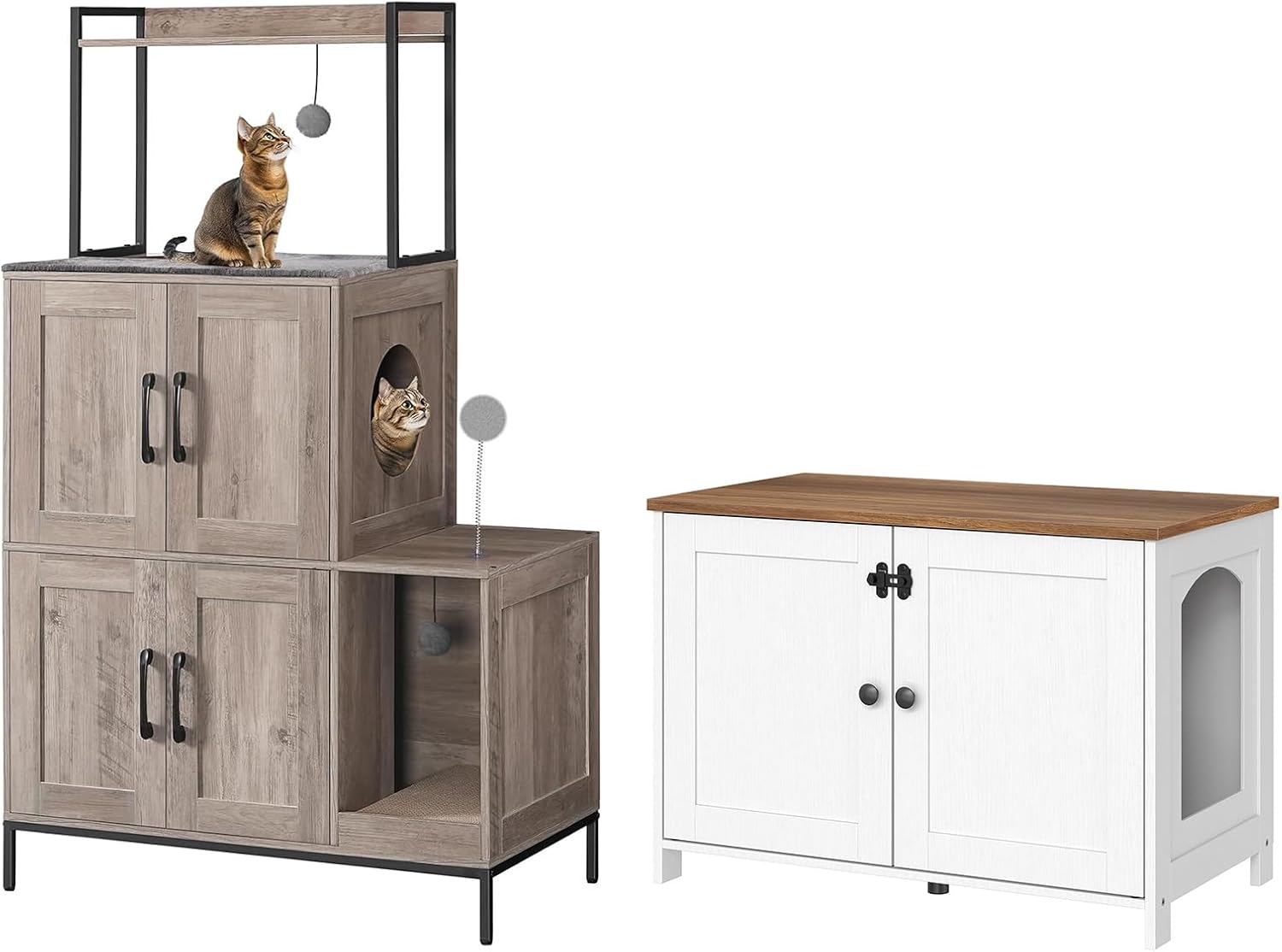 HOOBRO Litter Box Enclosure Bundle, Cat Furniture with Removable Divider, 2 in 1 Hidden Litter Box Furniture with Shelf, Double Litter Box Cabinet with 2 Dangling Plush Balls and 1 Toy Ball