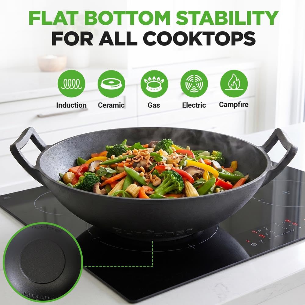 NutriChef Padella in ghisa da 29 cm, padella wok a induzione con coperchio, padella in ghisa per tutti i tipi di fornelli, adatta al forno, non rivestita, antiaderente, padella profonda con manici
