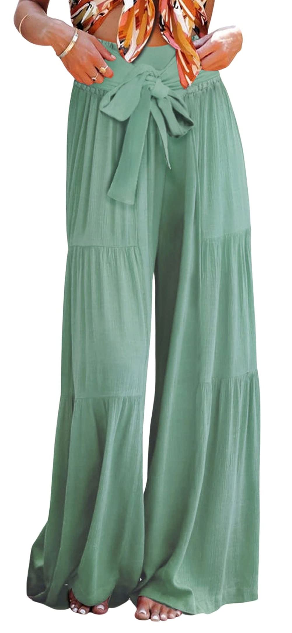 CHARTOU Womens Tie Knot High Waist Wide Leg Lounge Pants Tiered Beach Flowy Flare Pants Palazzo