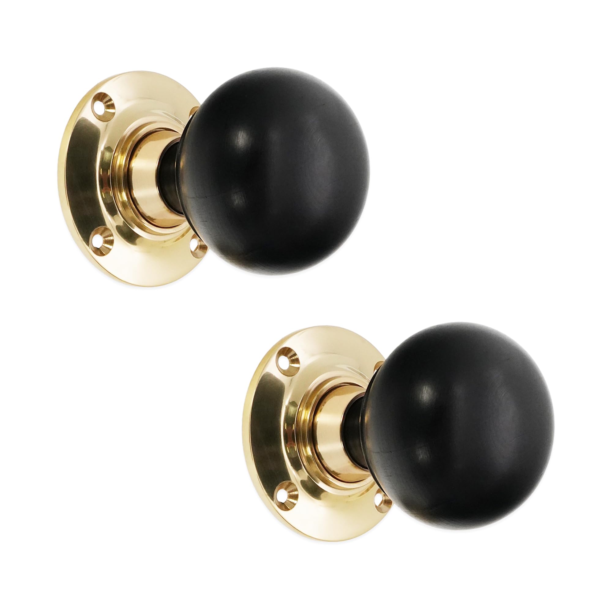Infinity Decor Pure Ebony Wood & Rosewood Door Knobs/Wooden Victorian Mortice Rim Door Knobs/Solid Brass Rose Plate Polished Brass Finish (4 Designs) (Ebony Bun)
