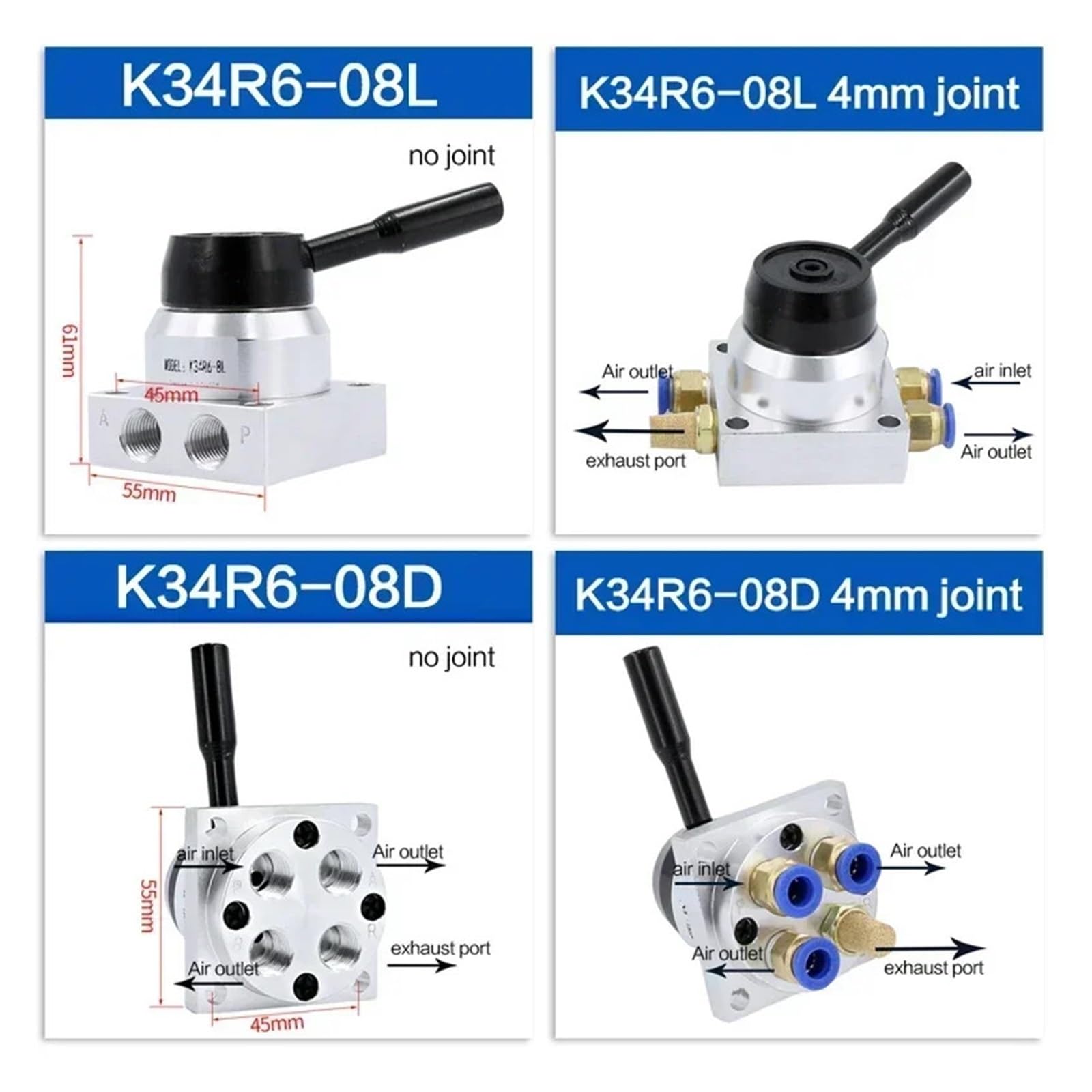 Pneumatisches manuelles Drehventil K34R6-8D/K34R6-8L 3-Positionen 4-Wege(K34R6-08D,12mm joint)