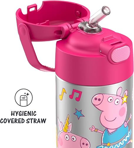 Miniatura 4 de THERMOS FUNTAINER - Botella de acero inoxidable con aislamiento al vacío y sorbete, capacidad de 12 onzas, para niños, Peppa Pig, popotes de