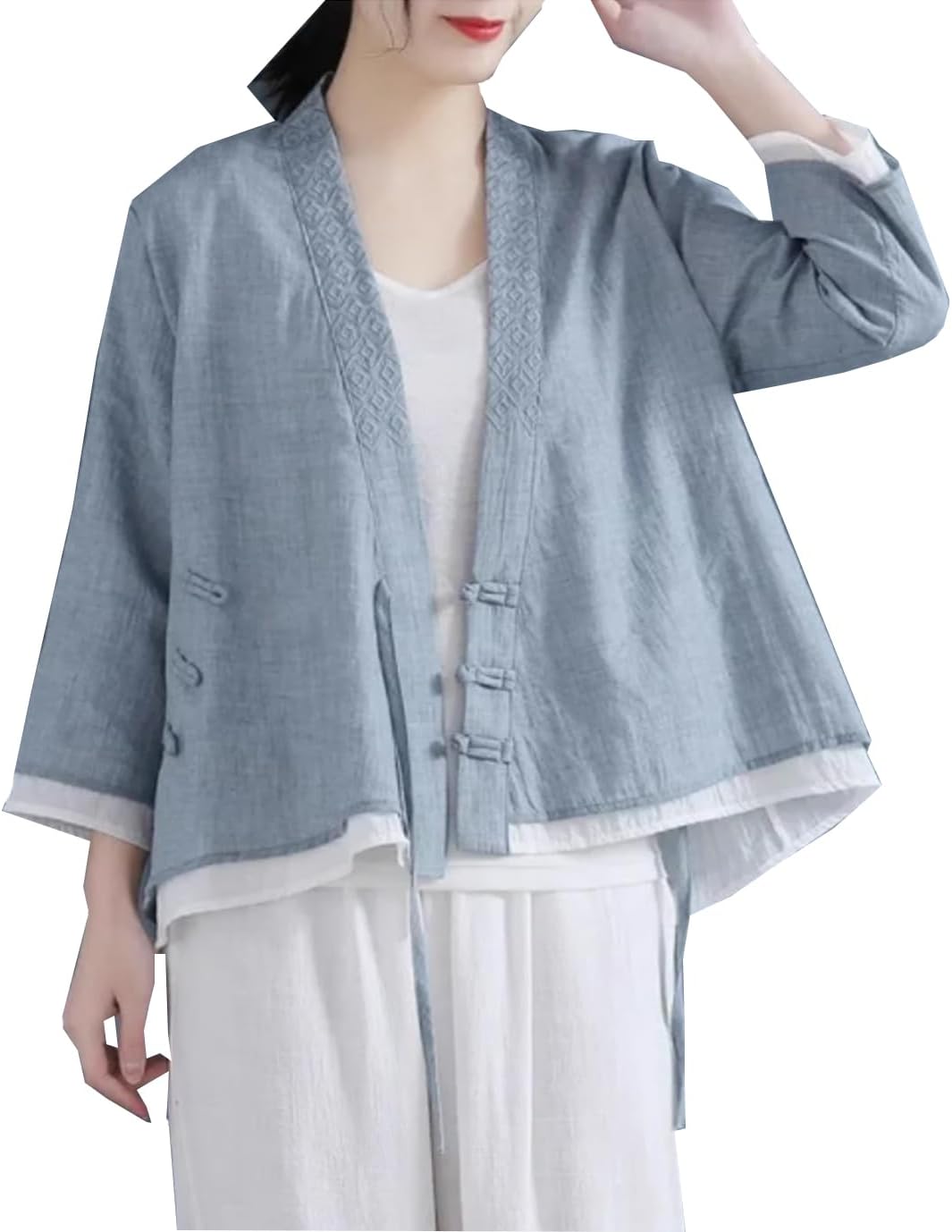 3/4 Sleeve Traditional Hanfu Linen Casual Loose Blouse V-Neck Tea Artist Clothes Tang Suit Tops with Frog Button for Women