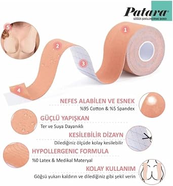 Patara Premium Breast Lift Tape Set | 5cm x 5m | 8 Satin + 2 Silicone Pads | Water Resistant | Hypoallergenic | Skin Color