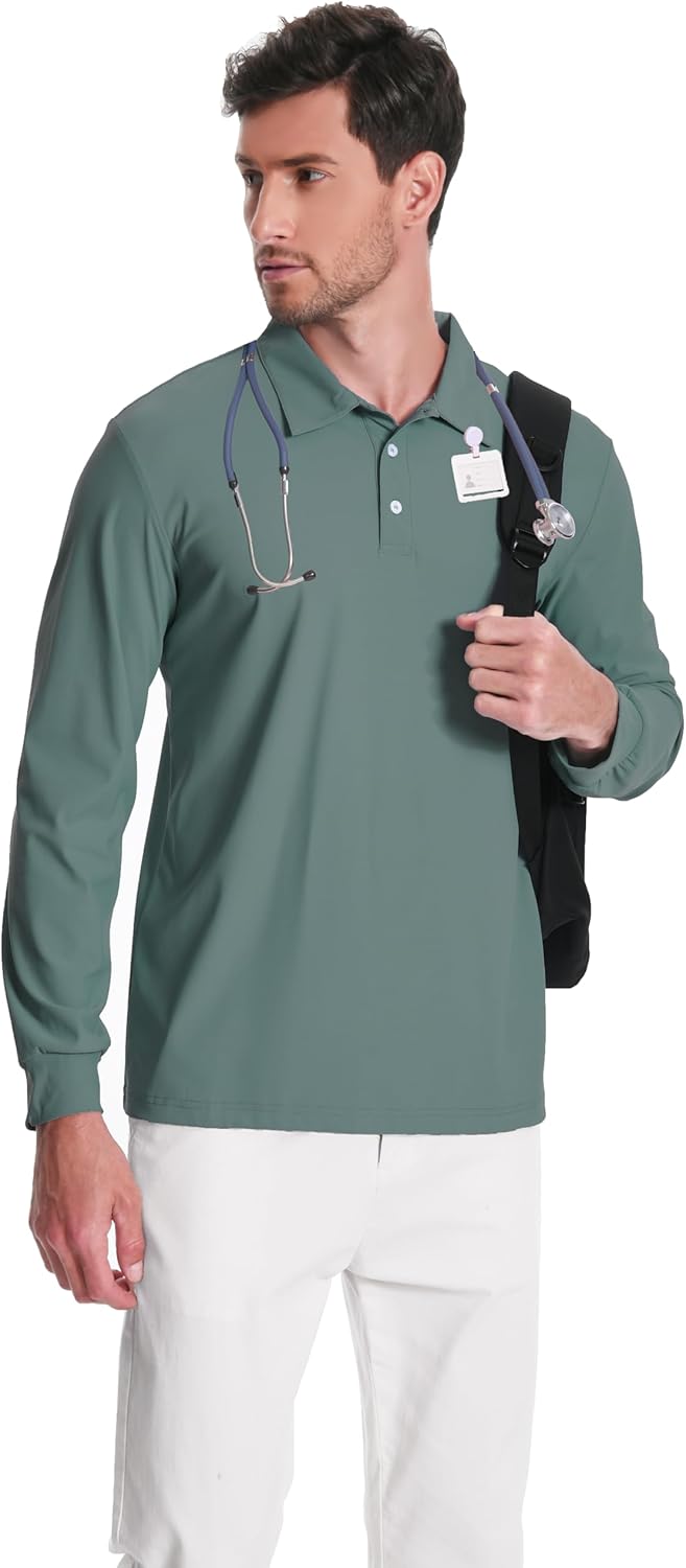 Scrub Shirt for Men Lab Medical Polo Nurse Doctor Stand Up Collared Long Sleeve Medicine Work Top - Image 2