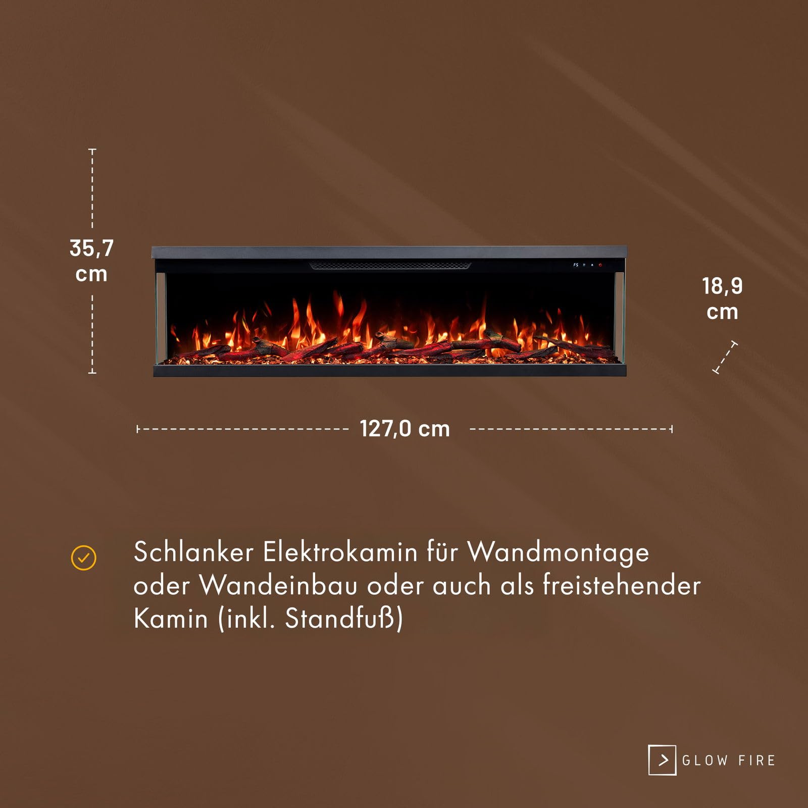 GLOW FIRE Caminetto Elettrico Insert 127 con fuoco LED 3D realistico - Caminetto elettrico a parete con riscaldamento e fuoco, controllo tramite app, effetto crepitio e timer, max. 1800 W, 127x35x19