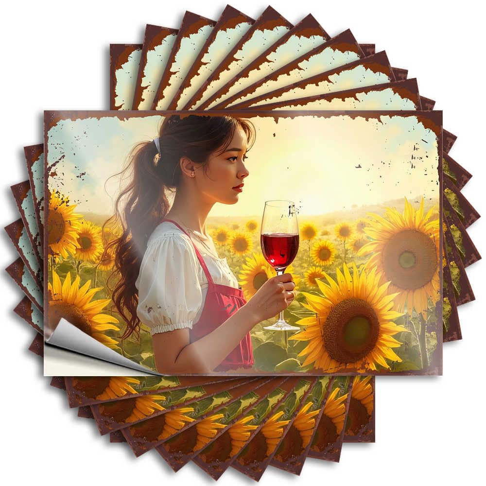 Decal Coffee Bar Decor Vinyl Sticker | Sunflower Field Serenity: A Woman Enjoying Red Wine At Sunset Heavy for Comfort Use(12X18CM)
