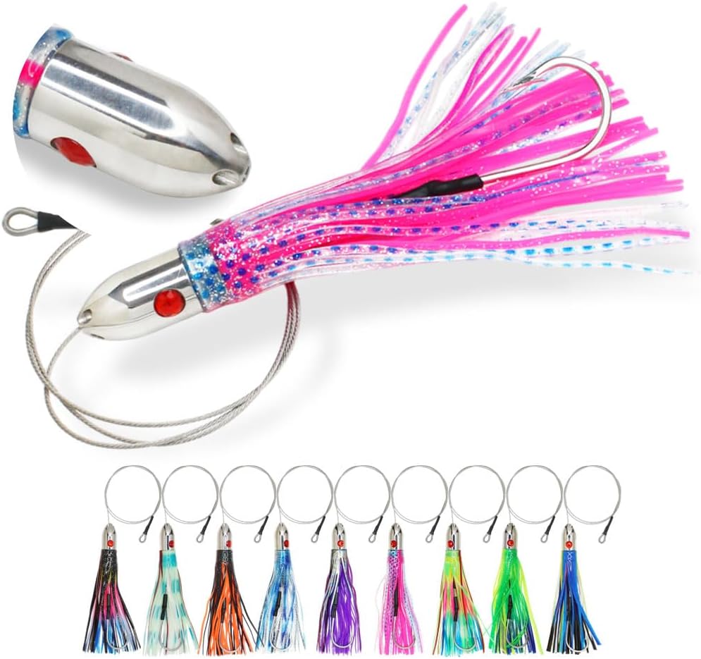 VIKETECH 10’’ 8oz Stainless Steel Big Game Fishing Trolling Lure for Marlin Tuna Mahi Mahi Wahoo Sailfish Saltwater Offshore Deep Sea Trolling Lures Included Mesh Bag