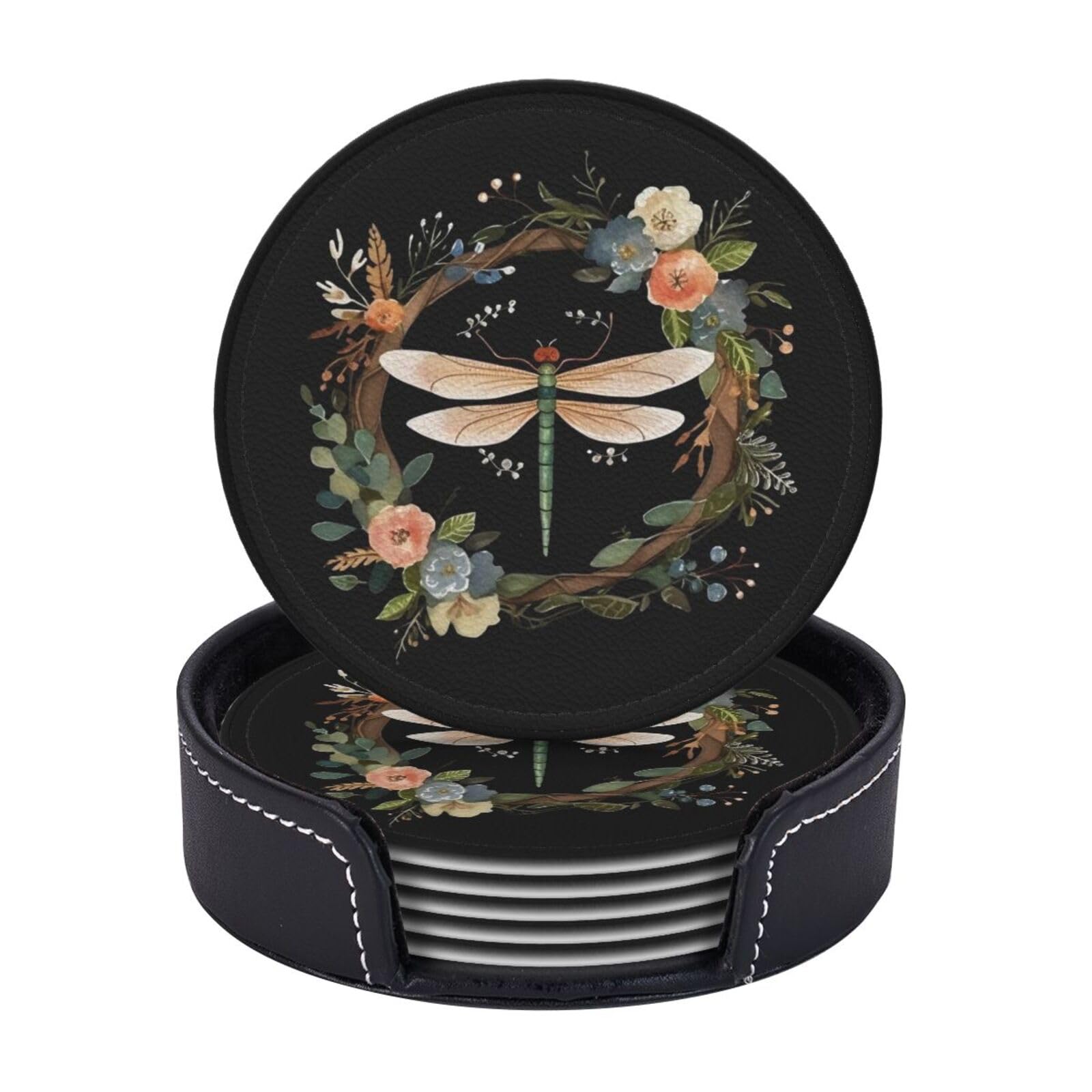 Round Coasters for Drinks Set of 6 - PU Leather Coasters with Holder - Modern Drink Coasters for Coffee Table - Image of Dragonfly in Wreath Coaster for Tabletop Protection 4" Cup Mat Pad