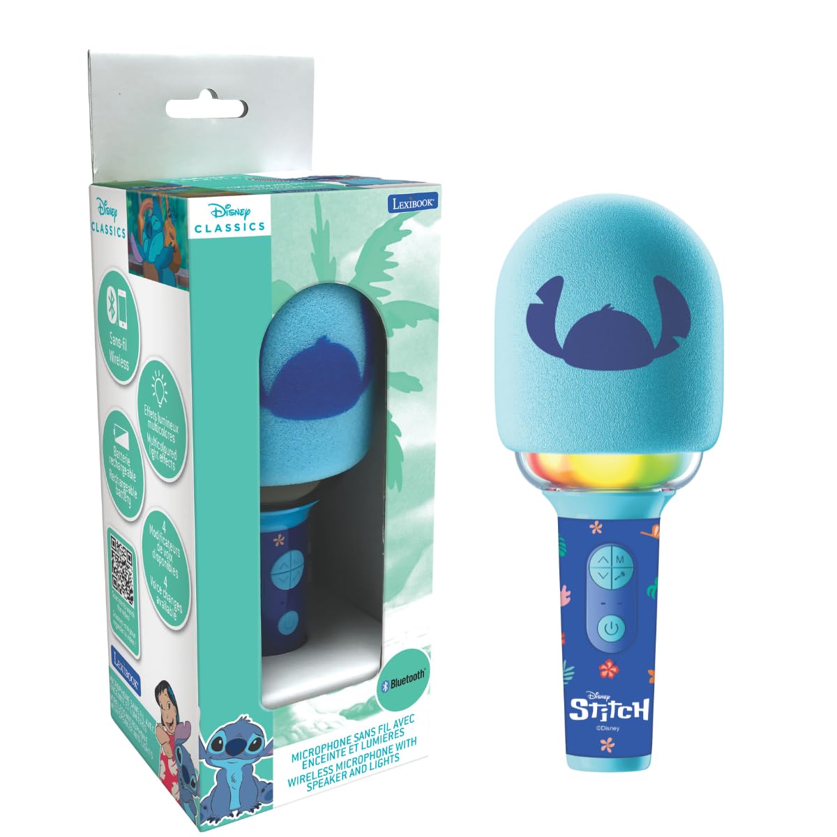 LEXIBOOK, Disney Stitch, Wireless microphone with speaker and lights, 4 voice modifiers, Multicoloured light effects, Rechargeable battery, MIC280D
