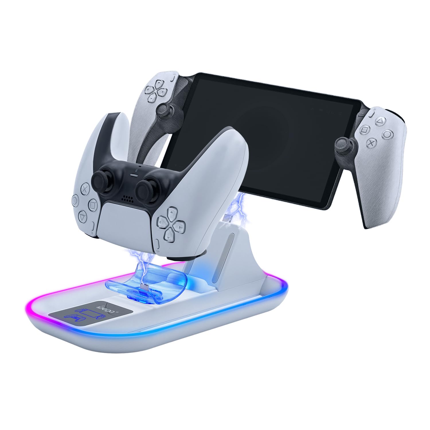 Mcbazel Base de Carga para PS Portal Remote Player y Controlador PS5, Soporte de Carga Portátil con 14 Modos de Luces RGB para Consola PS Portal Remote Player/Controlador PS5