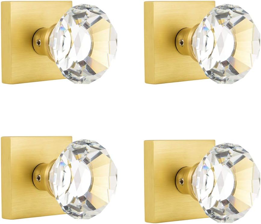 HIEMEY 4 Pack Closet and Hall Dummy Door Knob Interior, Inactive Clear Glass Crystal Door Knobs Set Gold, Non-Turning Door Knobs Diamond Shape , Satin Brass Door Knobs Square, BS-010
