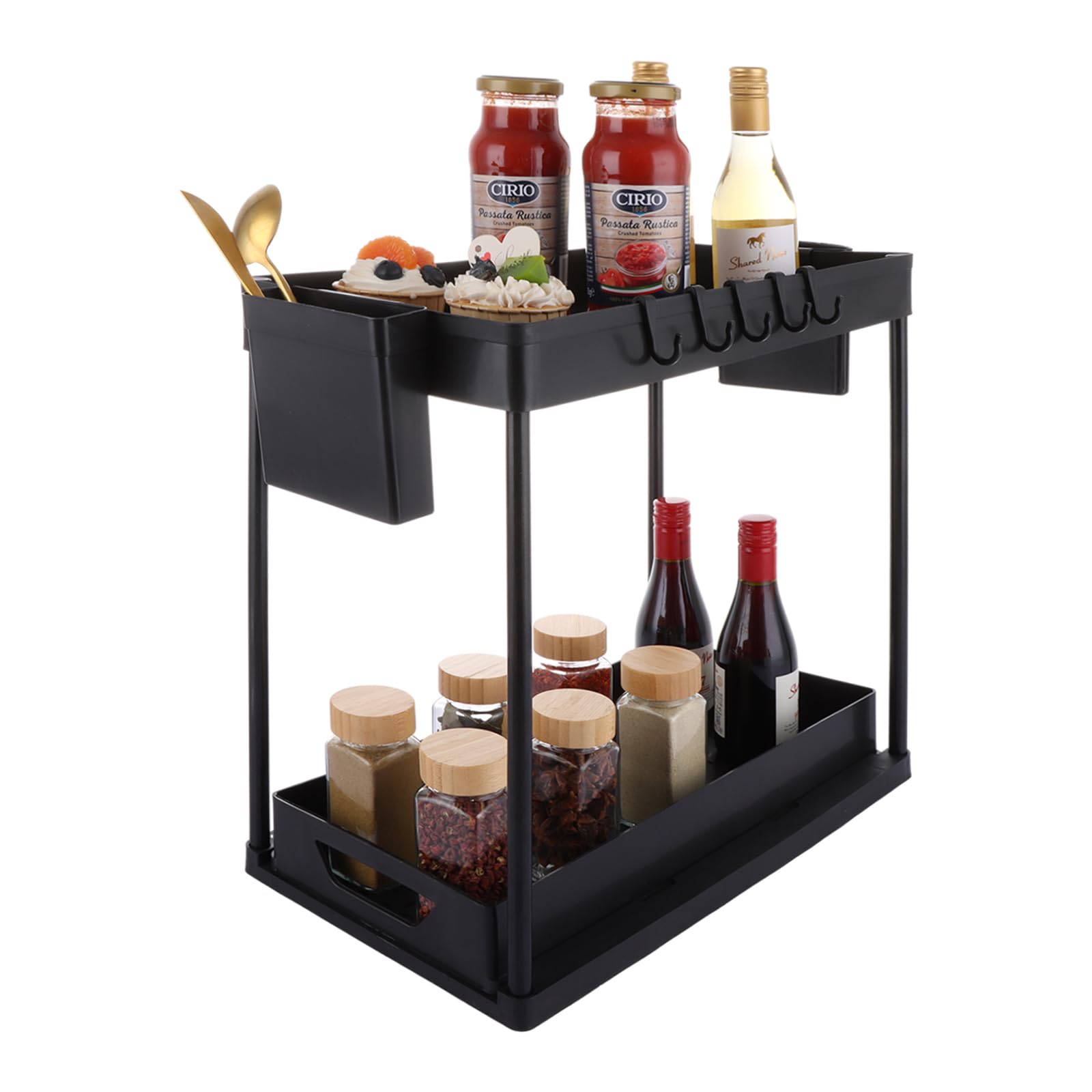 ASelected Under Sink Storage Kitchen Organiser 2 Tier Sliding Kitchen Storage Under Sink Shelf with 5 Hooks and 2 Hanging Cup for Kitchen, Bathroom, Pantry, Black