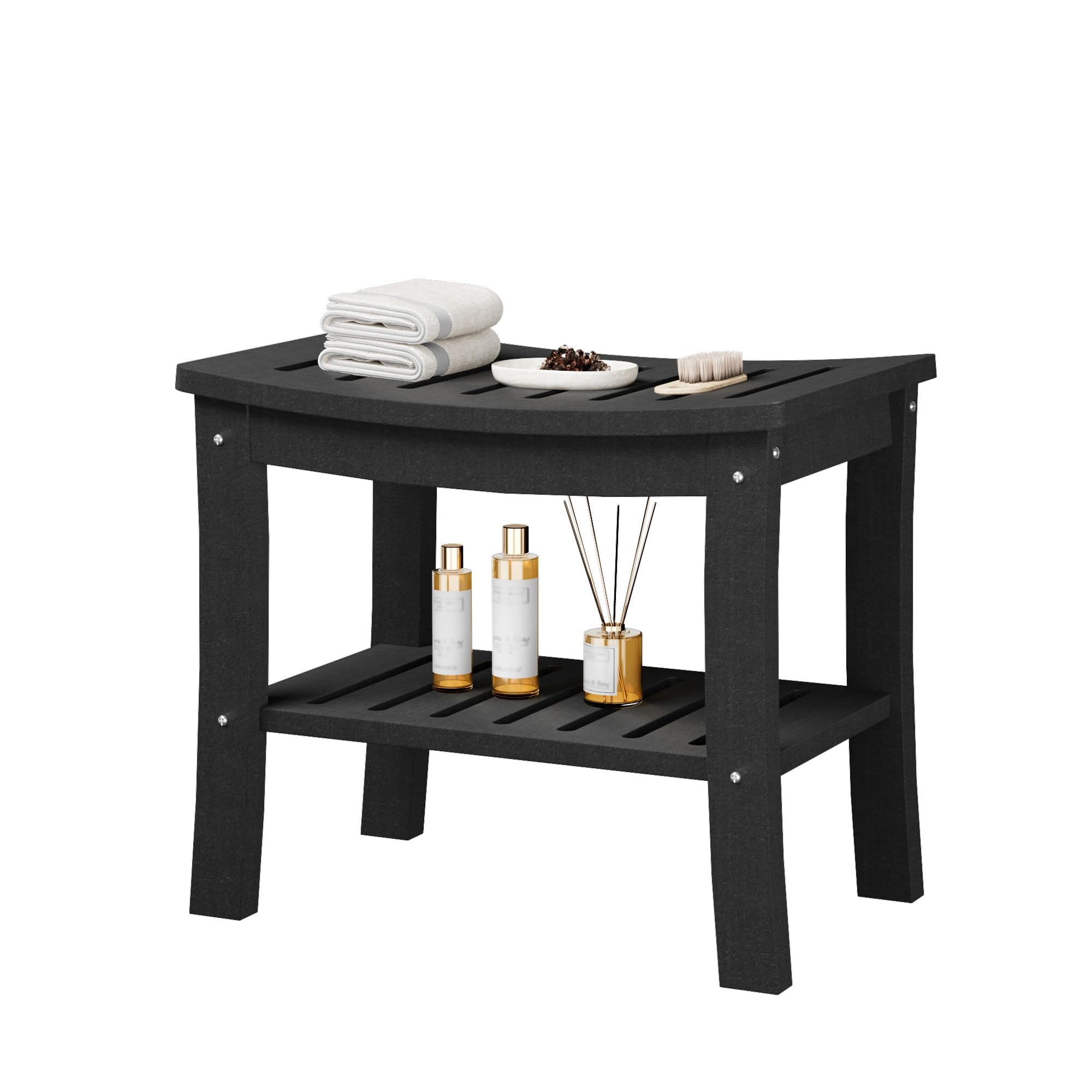 GarveeHome Taburete de Baño con Repisa de 2 Niveles, Banqueta de Ducha de HDPE Resistente al Agua, Resistente hasta 181 kg, 52×35×45 cm, Negro