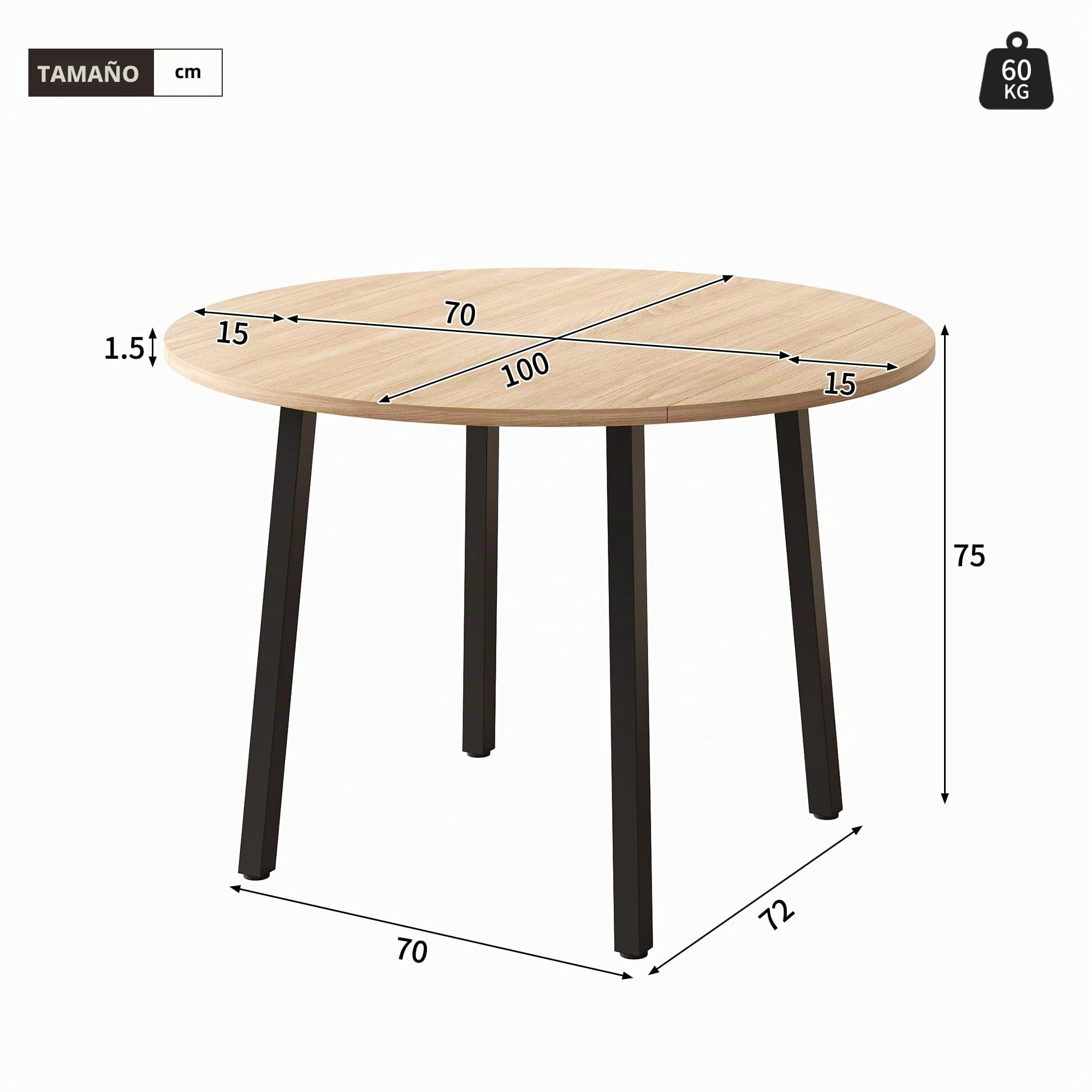 Mesa de comedor plegable de 100 x 100 cm, mesa de cocina redonda para 2-4 personas con mesa plegable y patas de metal para apartamentos pequeños, color roble