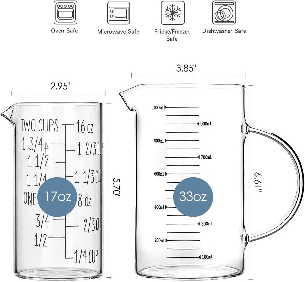 UMEIED Glass Measuring Cup Set for Baking Cooking Pouring Liquid, Glass Measuring Cups with handle, 2 Pack
