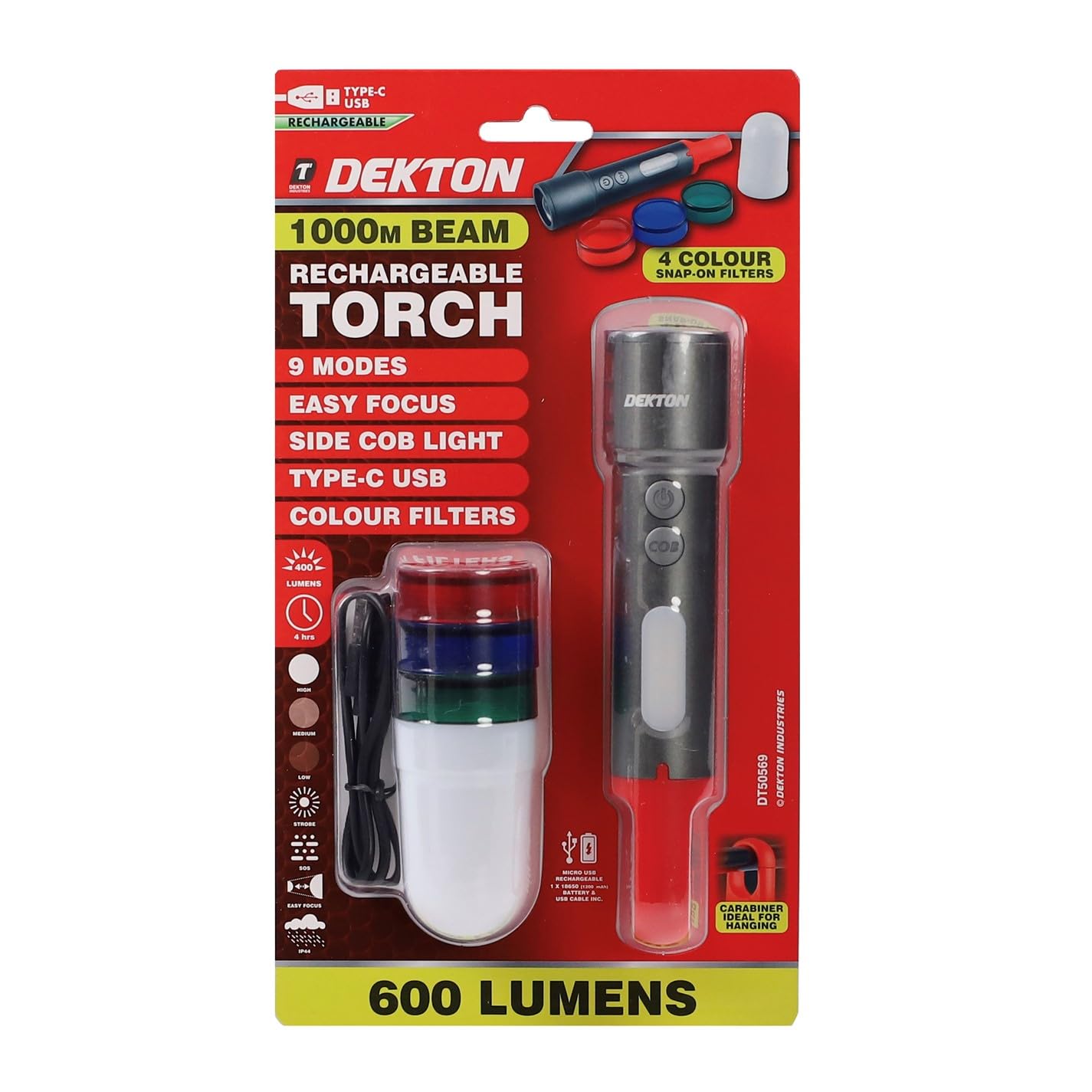 B&Q -  Rechargeable Cob Torch 600 Lumens Multifunction Colour Filter Flash Light