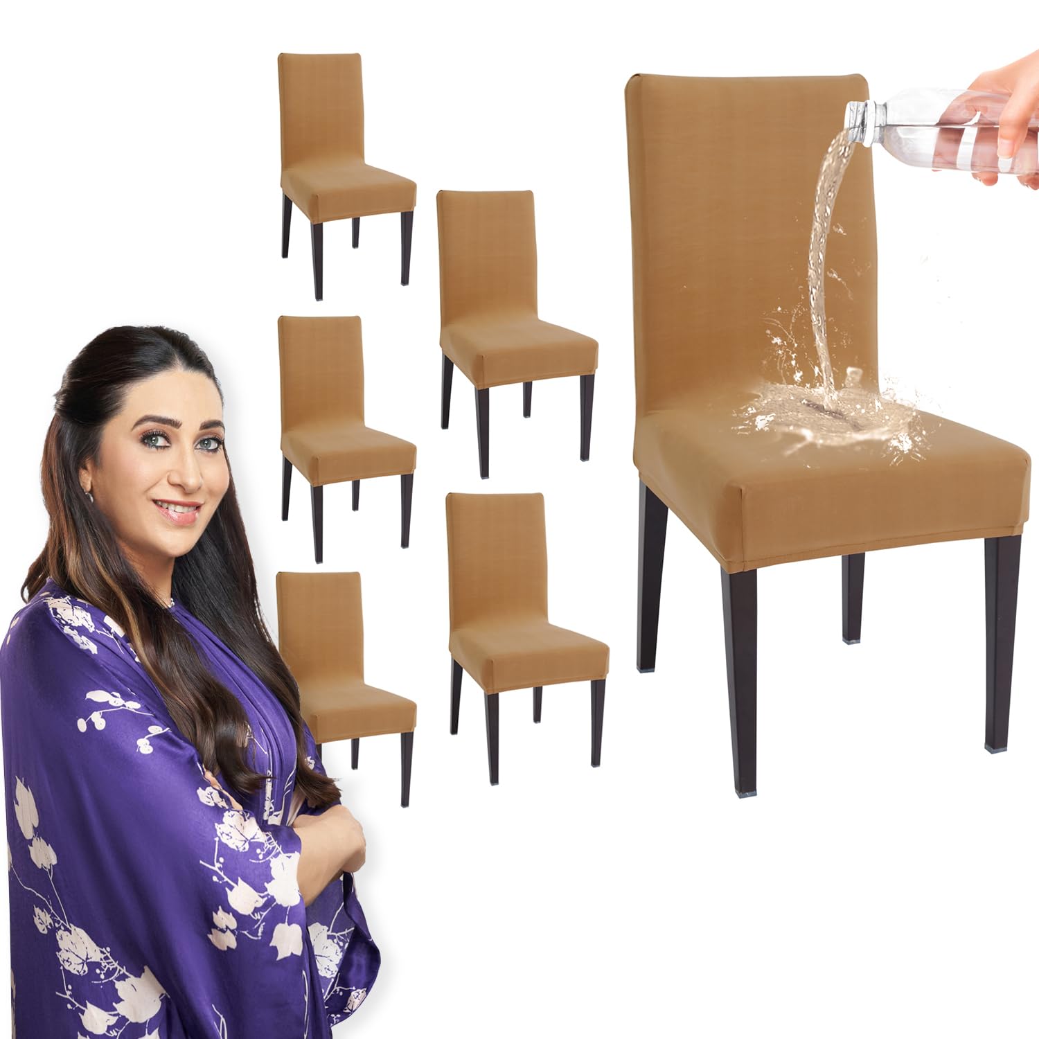 HOKIPO Polyester Water-Resistant Slipcovers for Dining Chair, Pack of 6, Camel (AR-4916-CML*6)