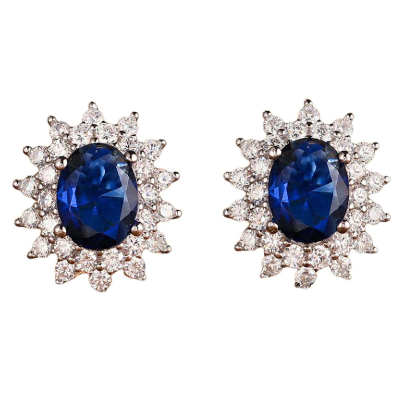 Ohrringe Weißgold 9K / 14K / 18 Karat Damen, Blume mit Oval mit Erstellter Saphir 1,85 Karat und Moissanit, Ohrringe Blau Silber für Hochzeit Frauen