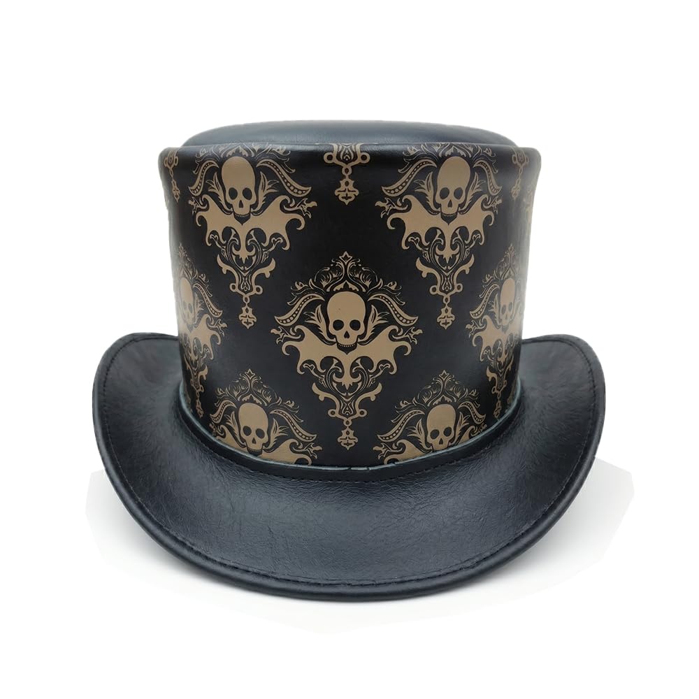 Sombrero de piel auténtica con diseño de calavera de damasco, estilo victoriano, formal, para fiestas temáticas y eventos