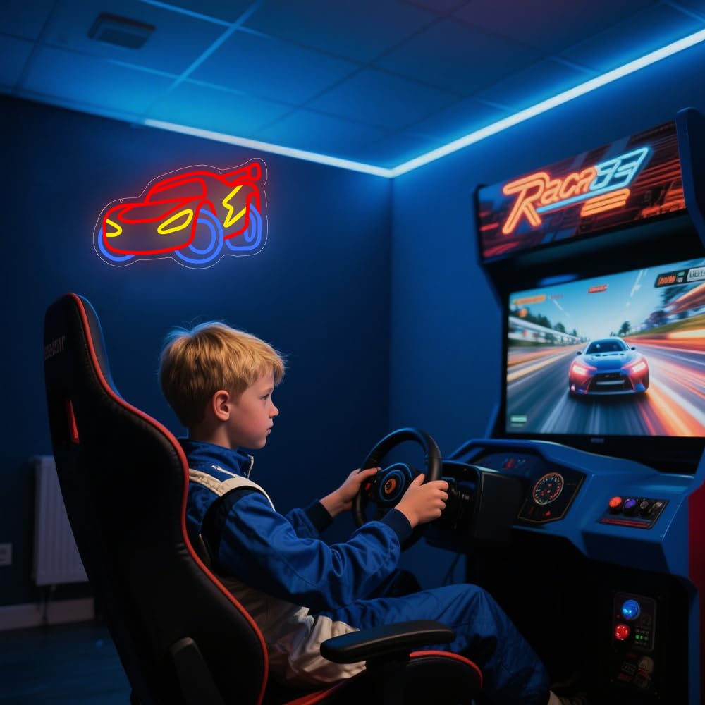 Auto Panneau Néon, Panneau LED Voiture de Course pour la Décoration Murale,Lumière Néon Cool pour la Chambre à Coucher des Adolescents, Enfants, Garçons et Hommes, Salle de Jeux