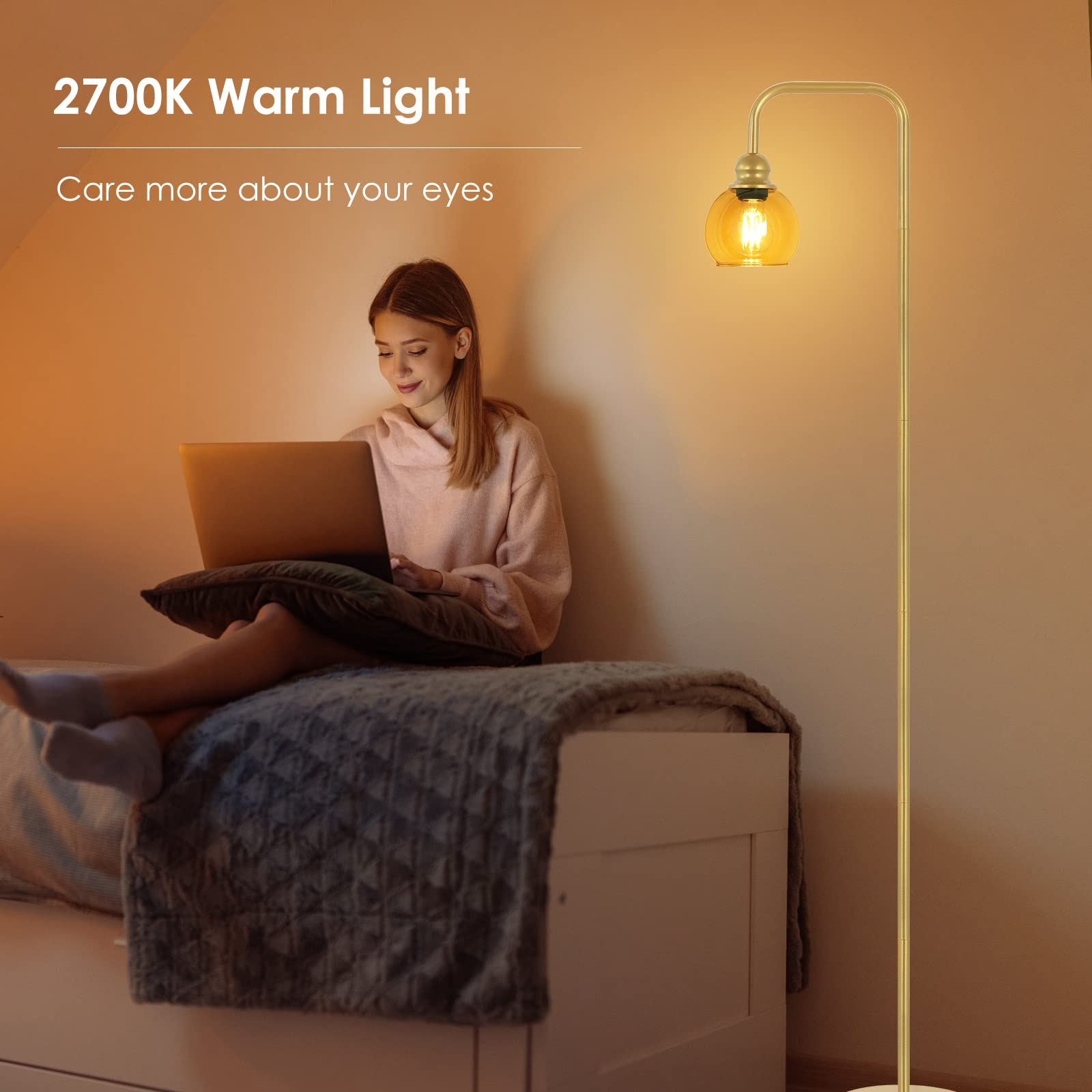Lámpara de pie moderna para sala de estar con bombilla LED de 6 W, lámpara de pie industrial, vidrio ámbar, lámpara alta de lectura clásica para oficina en casa, lámpara de pie para estudio, 3