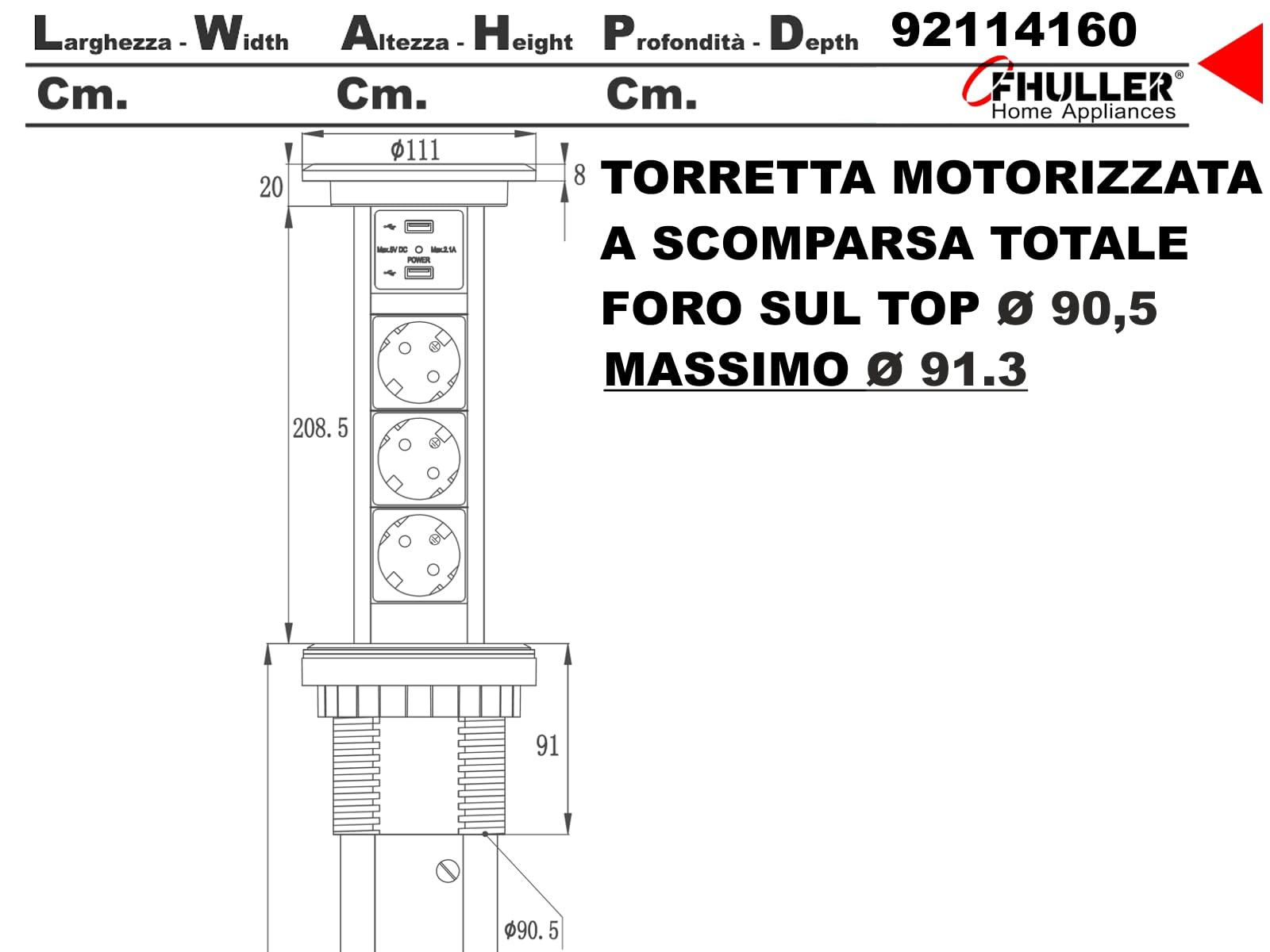 Torretta Presa Elettrica a Scomparsa Automatica – Ciabatta in Alluminio e Plexiglas con 3 Slot, 2 Porte USB, Cavo da 2 Metri – Design Moderno per Cucine e Uffici (Grigia)