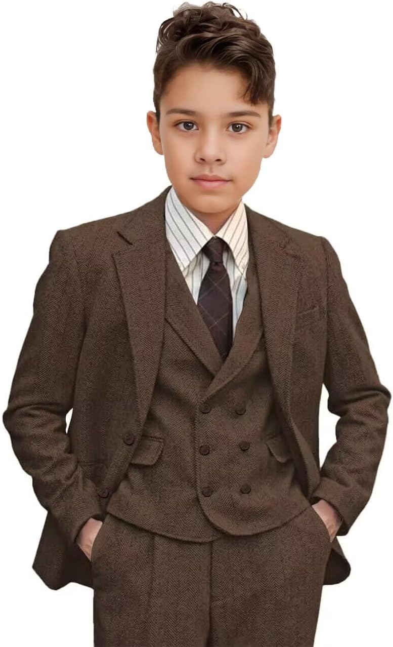Boys Tweed Herringbone 3 Piece Suit Slim Fit Formal Tuxedo for Kids Prom Dance Suit Jacket Vest Pants Sets