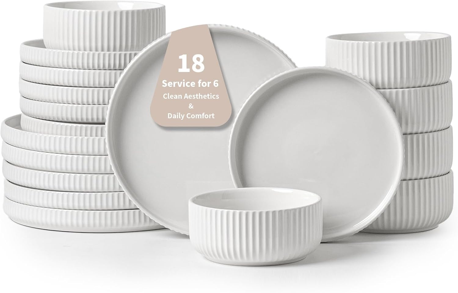 Pure & Practical Plates and Bowls Set for 6,FOBENTA 18 Piece White Dinnerware Sets – Ceramic Dish Set for Everyday Simplicity & Wellness Living Gloss Reactive Snow White Service for 6 (18pcs)