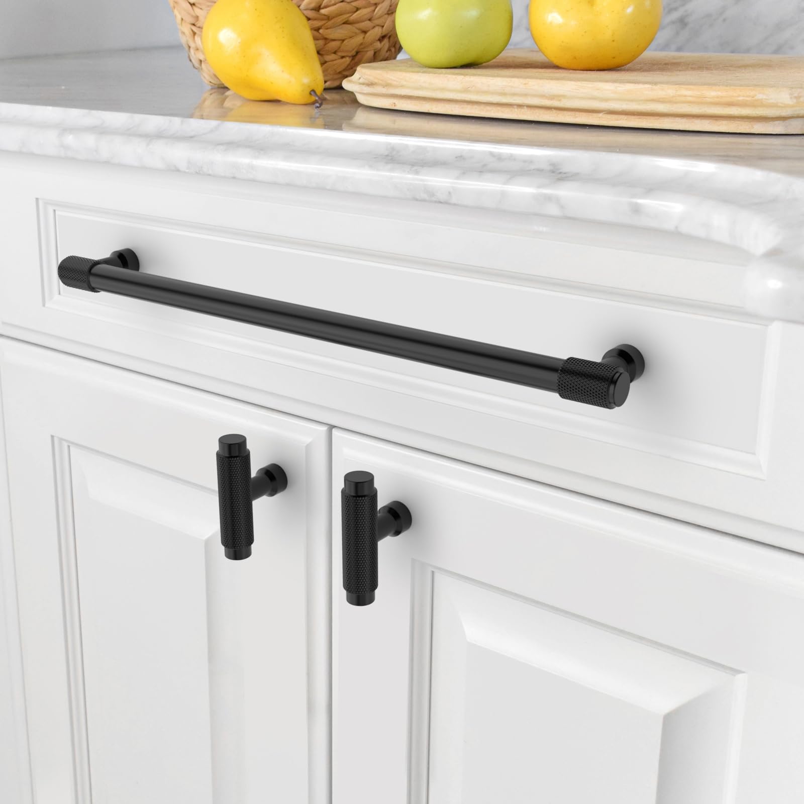 Amerdeco ZH0034 - Paquete de 10 tiradores moleteados negros mate de 254 mm con agujero central para gabinetes de cocina, tiradores de cajón