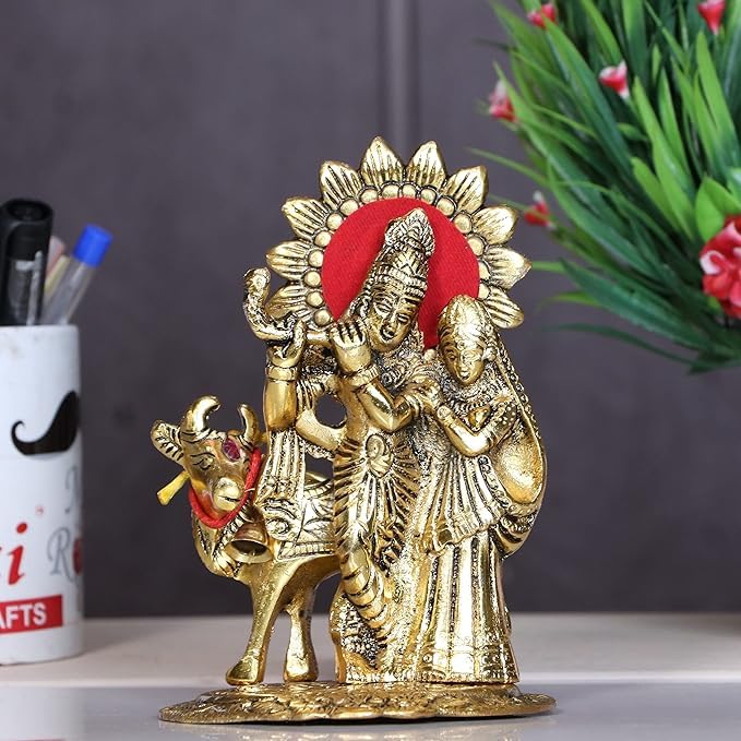 Estatua decorativa Radha Krishna con vaca de metal blanco 5x4x6 in miniatura 3