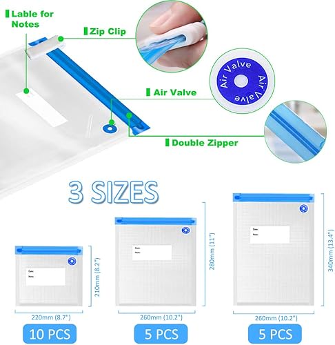 Miniatura 3 de Bolsas reutilizables con cremallera al vacío, 20 bolsas Sous Vide para cocinas de Anova y Joule, 3 tamaños de bolsas de almacenamiento reutilizables