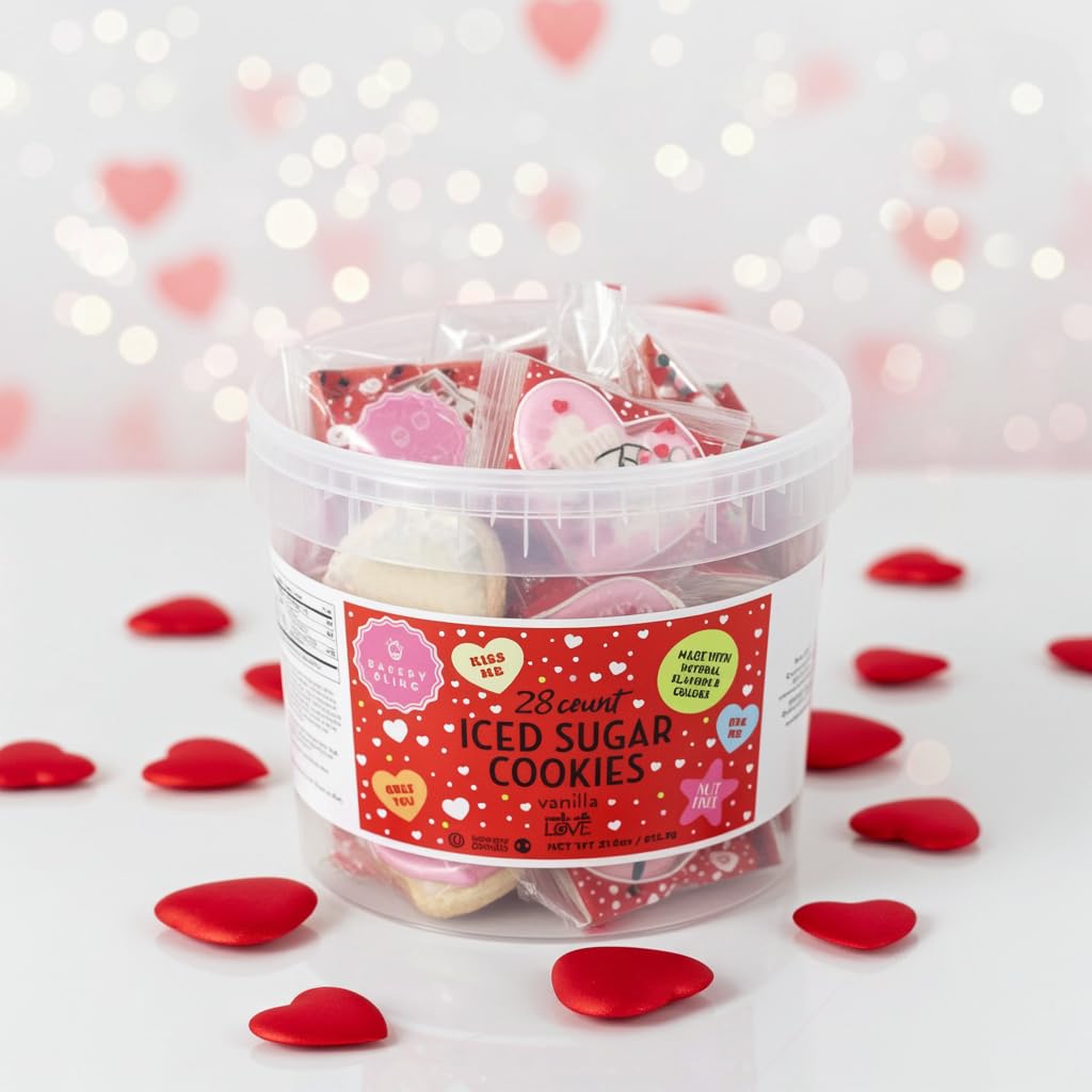 Bakery Bling Valentine’s Day Sugar Cookies, 28 Count Individually Wrapped Heart Cookies with To/From Labels, Nut-Free, Classroom-Friendly for School Parties