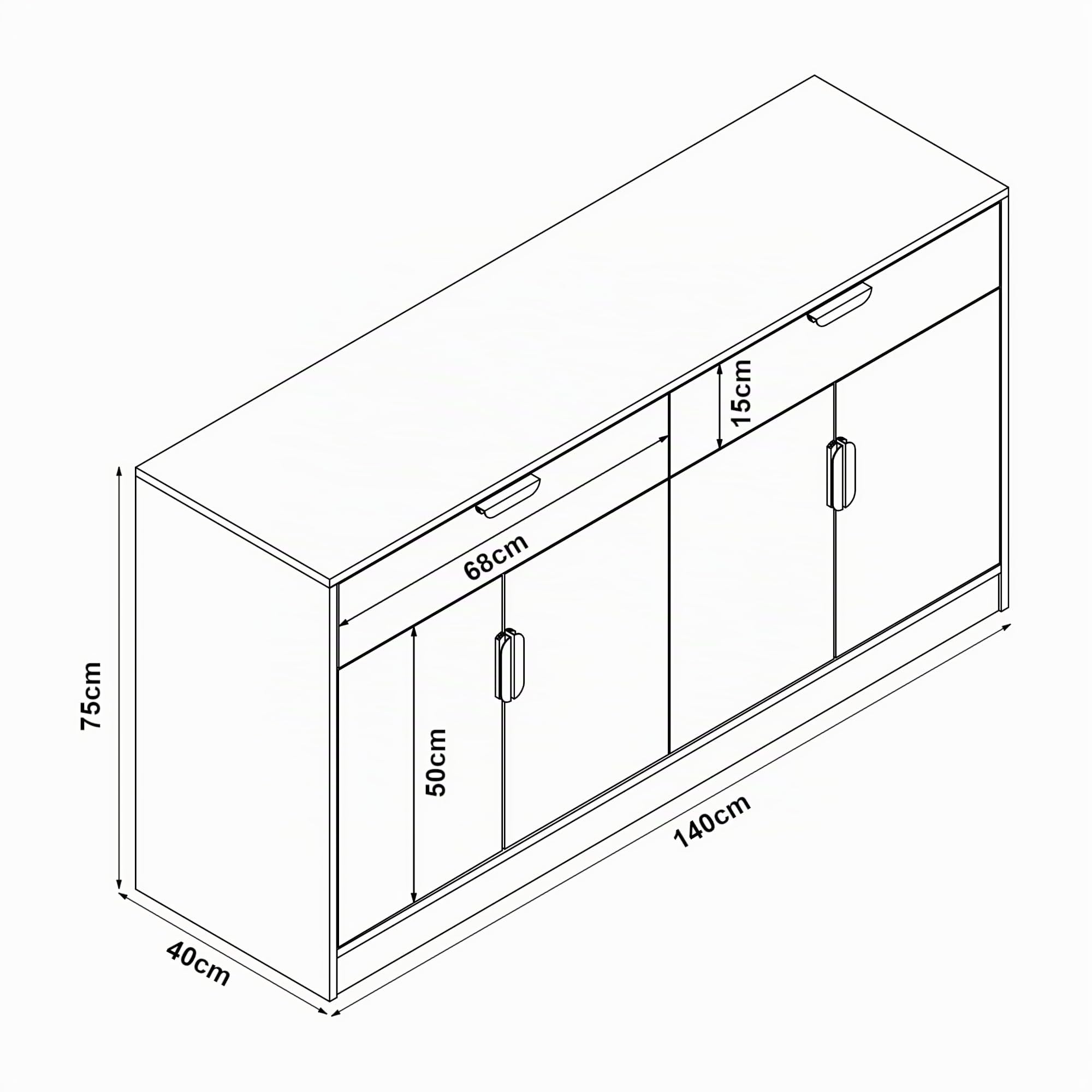 [en.casa] Mueble de Salón con 4 Puertas y 2 Cajones Aparador Versátil y Elegante para Salón Cocina Dormitorio Recibidor MDF 75 x 140 x 40 cm - Roble