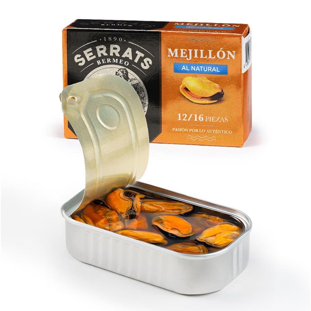 CONSERVAS SERRATS - Mejillones al Natural 12/16 Piezas por Lata - 12 latas x 110g (Total: 1320g) - Elaboración Artesanal desde 1890 - Sin Gluten, Rico en Omega 3
