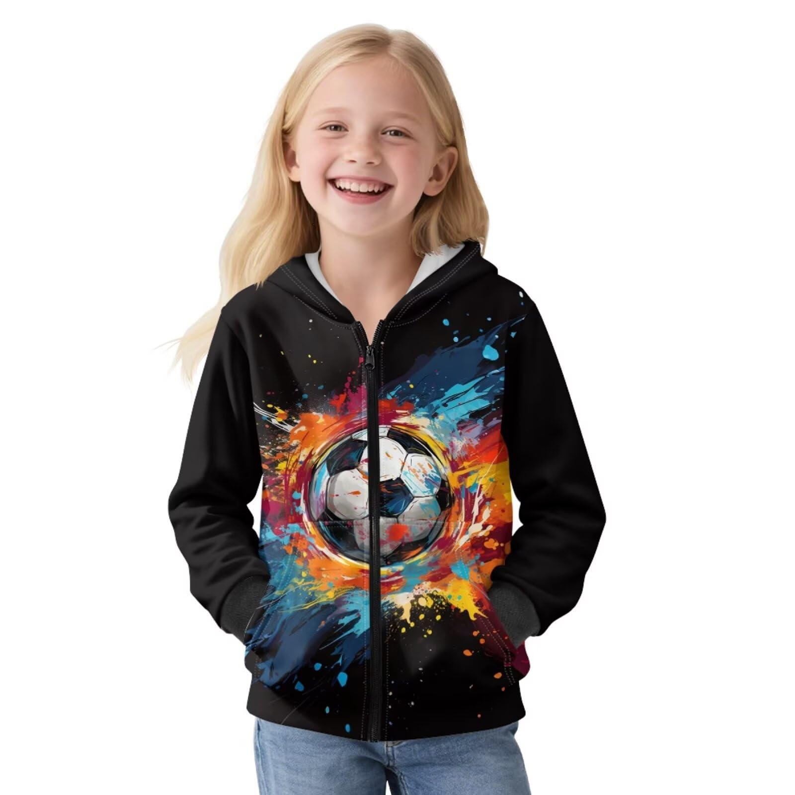 Bluza z kapturem dla dzieci z nadrukiem piłki nożnej z pełnym zamkiem błyskawicznym przytulna bluza z kieszeniami polarowa bluza z kapturem odzież uliczna do szkoły domu, XL