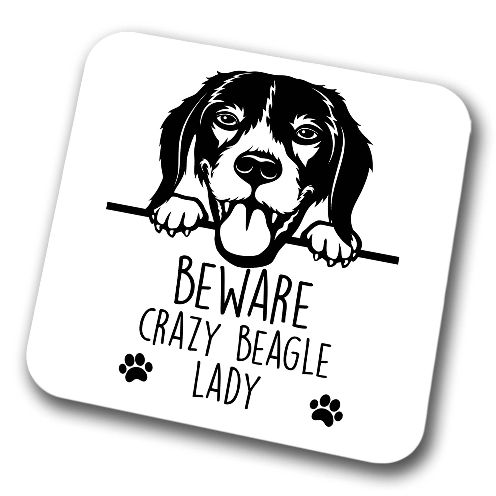 Faithful Prints Boys Beagle Beware Crazy Beagle Lady Coaster Pet Present Beagle Dog Mum Dad Friend Joke Funny Gift Birthday Christmas, Hardboard Coaster