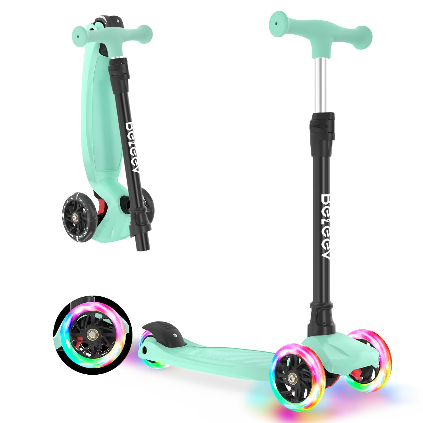 beleev scooters for kids 3 wheel kick scooter for toddlers girls boys, 4 adjustable height, lean to steer, light up wheels, extra-wide deck, easy to assemble for children ages 3-12